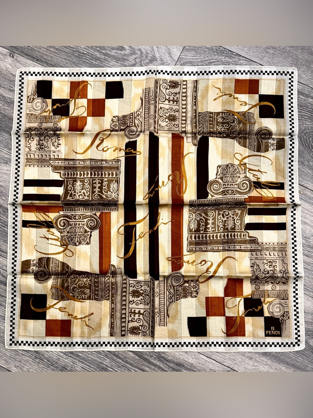 Fendi Silk Scarf in Cream, Brown & Black with Gold Script